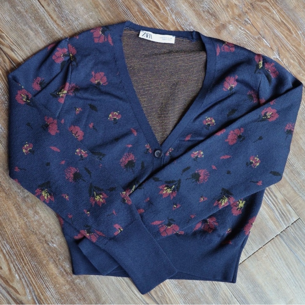 Zara Floral Knit Cropped Cardigan V Neck Button Front Colorful Chic Blue Small - Picture 2 of 15